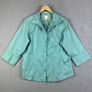 Chico's Wrinkle Resistant 3/4‎ Sleeve Button Down Shirt Turquoise SIZE 3 XL 16